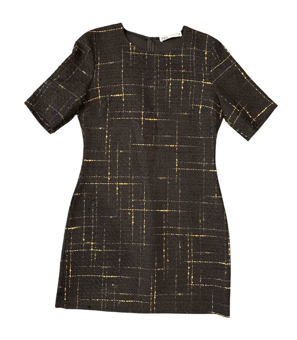 ZARA Black Gold Metallic Tweed Mini Dress Womens M Short Sleeve Sheath